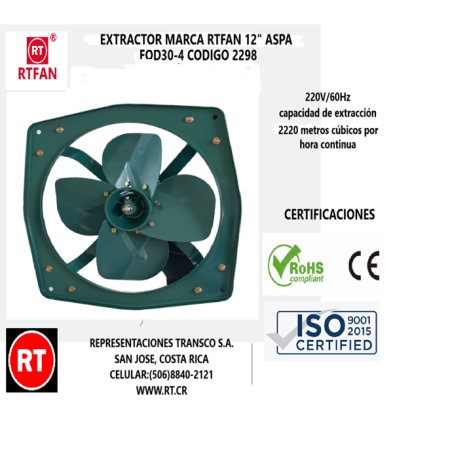 Extractor Metal Turbo 12" 110V/60Hz  RTFAN  FQD30-4  -2298│www.rt.cr