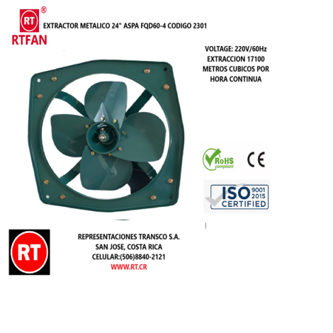 Extractor Metal 24" 220V/60Hz  RTFAN  FQD60-4 Industrial -2301│www.rt.cr