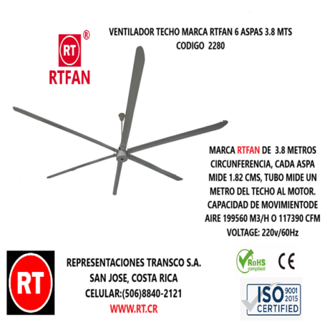 Abanico RTFAN Techo Industrial Mod: DC150-6  3.8 METROS 2280 │www.rt.cr