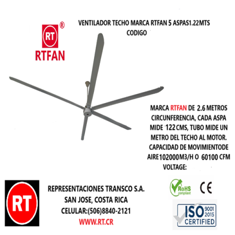 Abanico RTFAN Techo Industrial Mod: DC100-05 2.6 METROS 2208 │www.rt.cr